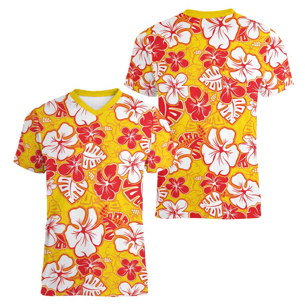 Yellow Hawaii Hibiscus Women V-Neck T-Shirt Tropical Flowers Seamless Pattern - Polynesian Pride
