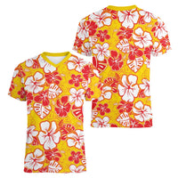 Yellow Hawaii Hibiscus Women V-Neck T-Shirt Tropical Flowers Seamless Pattern - Polynesian Pride
