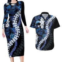 Polu Aloha Hawaii Lei Couples Matching Long Sleeve Bodycon Dress and Hawaiian Shirt Tropical Flowers Elegant Vibe LT14 Blue - Polynesian Pride