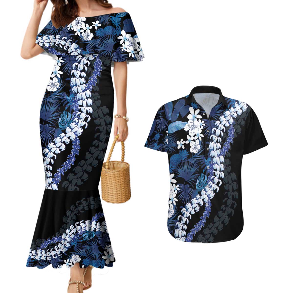 Polu Aloha Hawaii Lei Couples Matching Mermaid Dress and Hawaiian Shirt Tropical Flowers Elegant Vibe LT14 Blue - Polynesian Pride