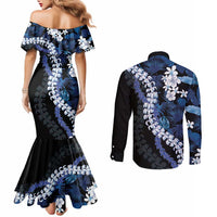 Polu Aloha Hawaii Lei Couples Matching Mermaid Dress and Long Sleeve Button Shirt Tropical Flowers Elegant Vibe - Polynesian Pride