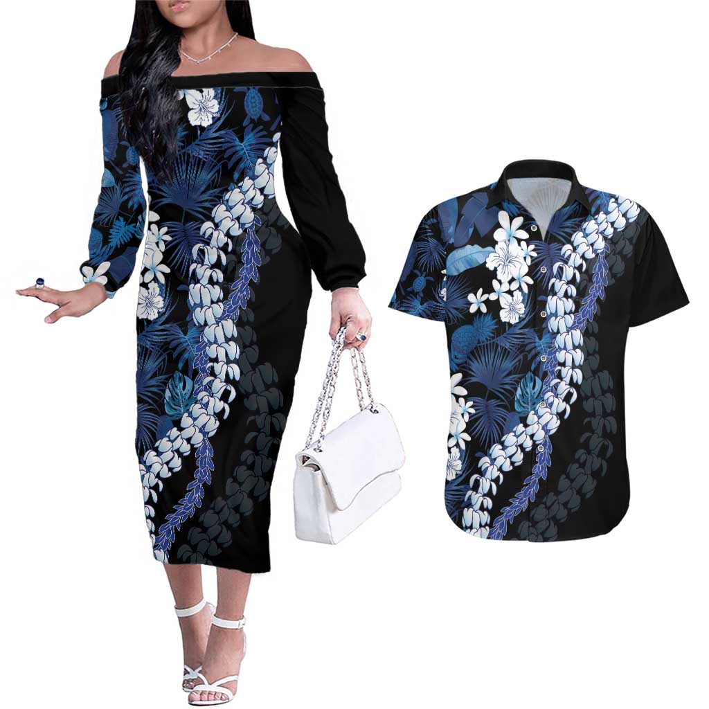 Polu Aloha Hawaii Lei Couples Matching Off The Shoulder Long Sleeve Dress and Hawaiian Shirt Tropical Flowers Elegant Vibe LT14 Blue - Polynesian Pride