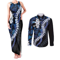 Polu Aloha Hawaii Lei Couples Matching Tank Maxi Dress and Long Sleeve Button Shirt Tropical Flowers Elegant Vibe LT14 Blue - Polynesian Pride