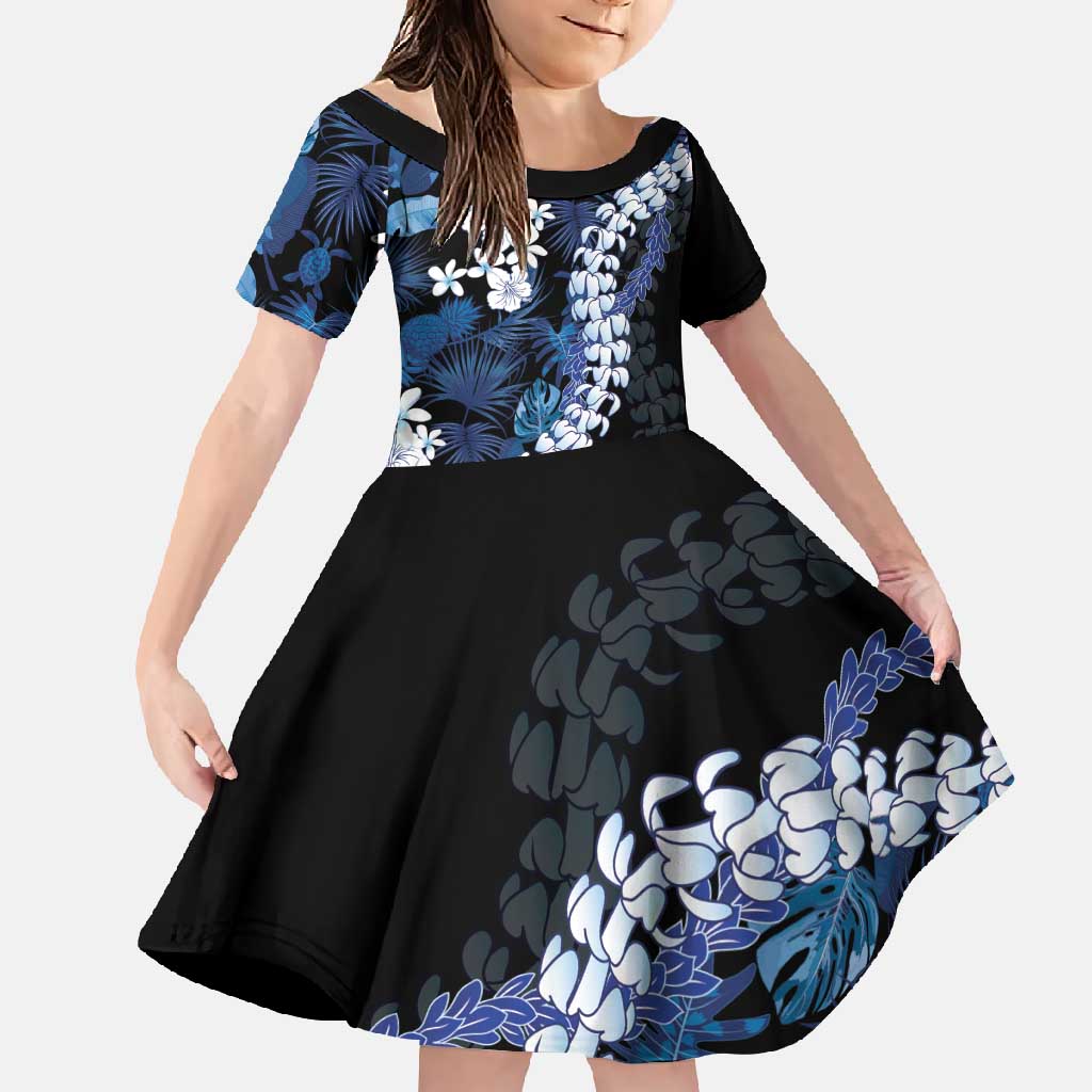 Polu Aloha Hawaii Lei Family Matching Long Sleeve Bodycon Dress and Hawaiian Shirt Tropical Flowers Elegant Vibe LT14 Daughter's Dress Blue - Polynesian Pride