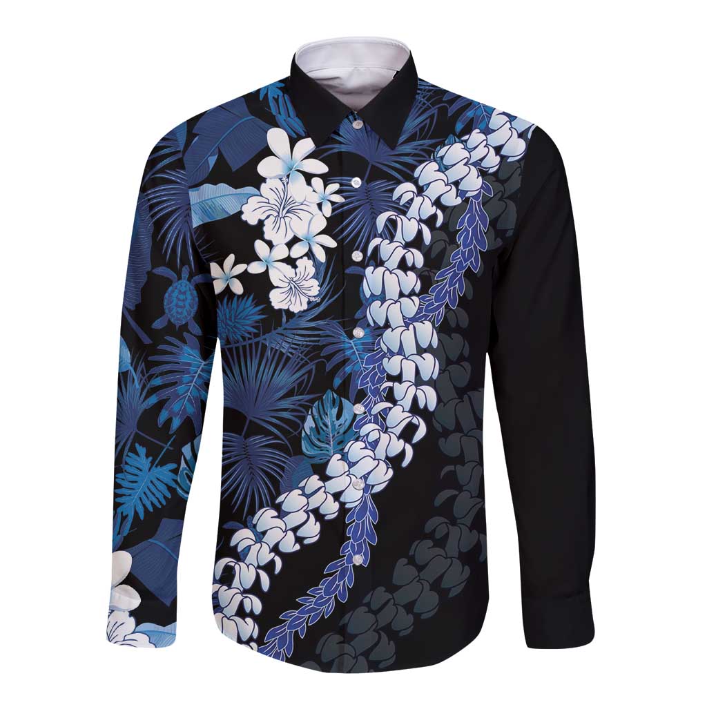 Polu Aloha Hawaii Lei Long Sleeve Button Shirt Tropical Flowers Elegant Vibe LT14 Unisex Blue - Polynesian Pride