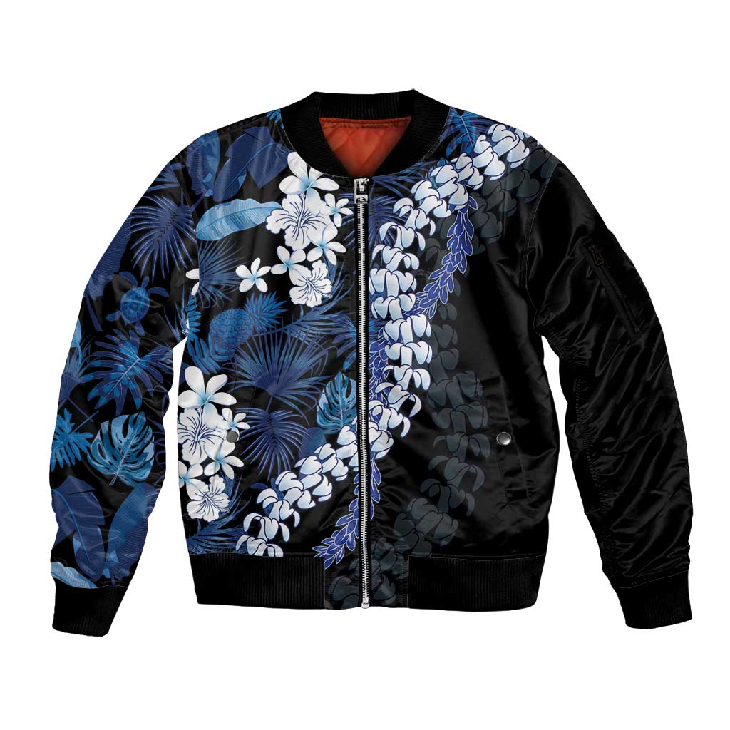 Polu Aloha Hawaii Lei Sleeve Zip Bomber Jacket Tropical Flowers Elegant Vibe LT14 Unisex Blue - Polynesian Pride