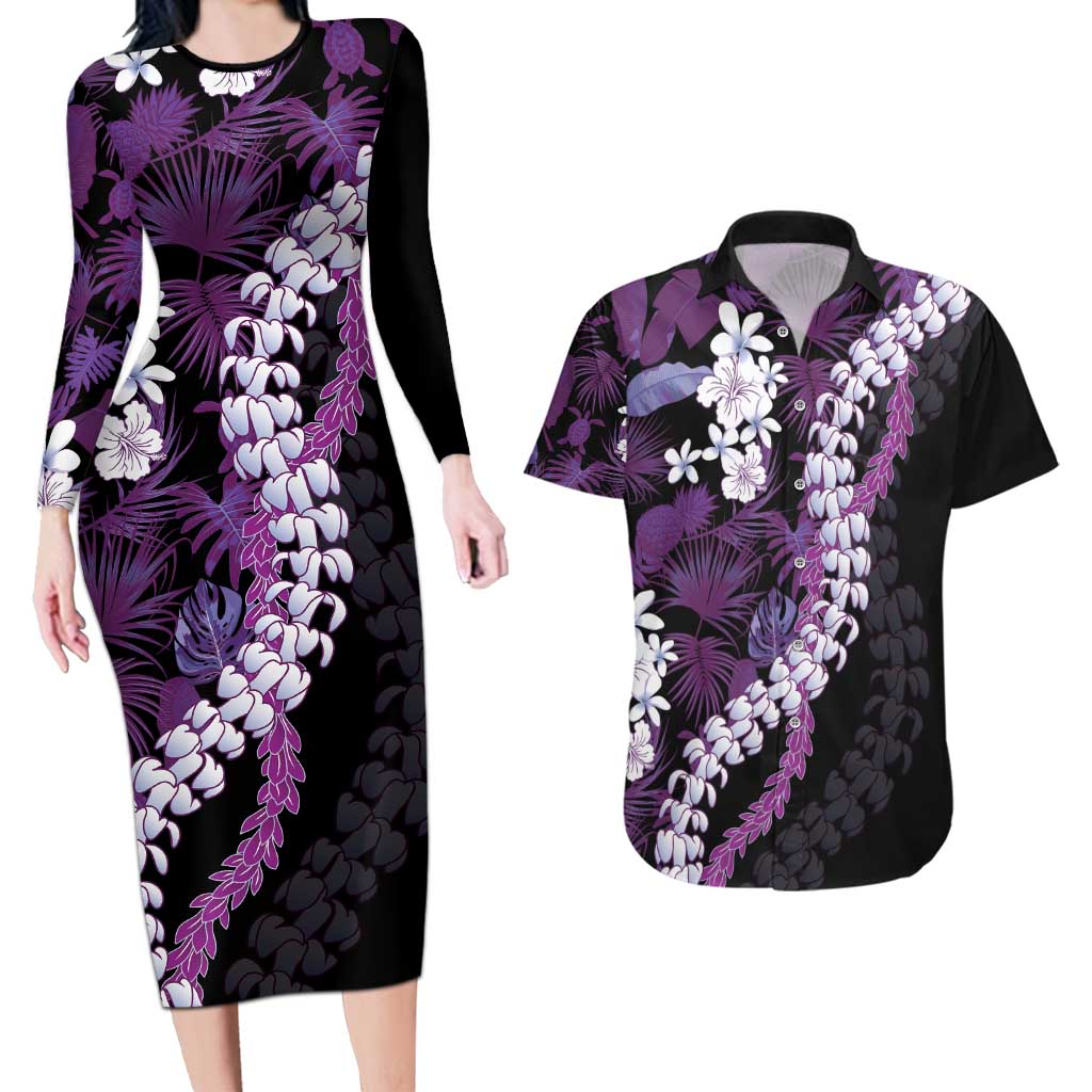Poni Aloha Hawaii Lei Couples Matching Long Sleeve Bodycon Dress and Hawaiian Shirt Tropical Flowers Elegant Vibe LT14 Purple - Polynesian Pride