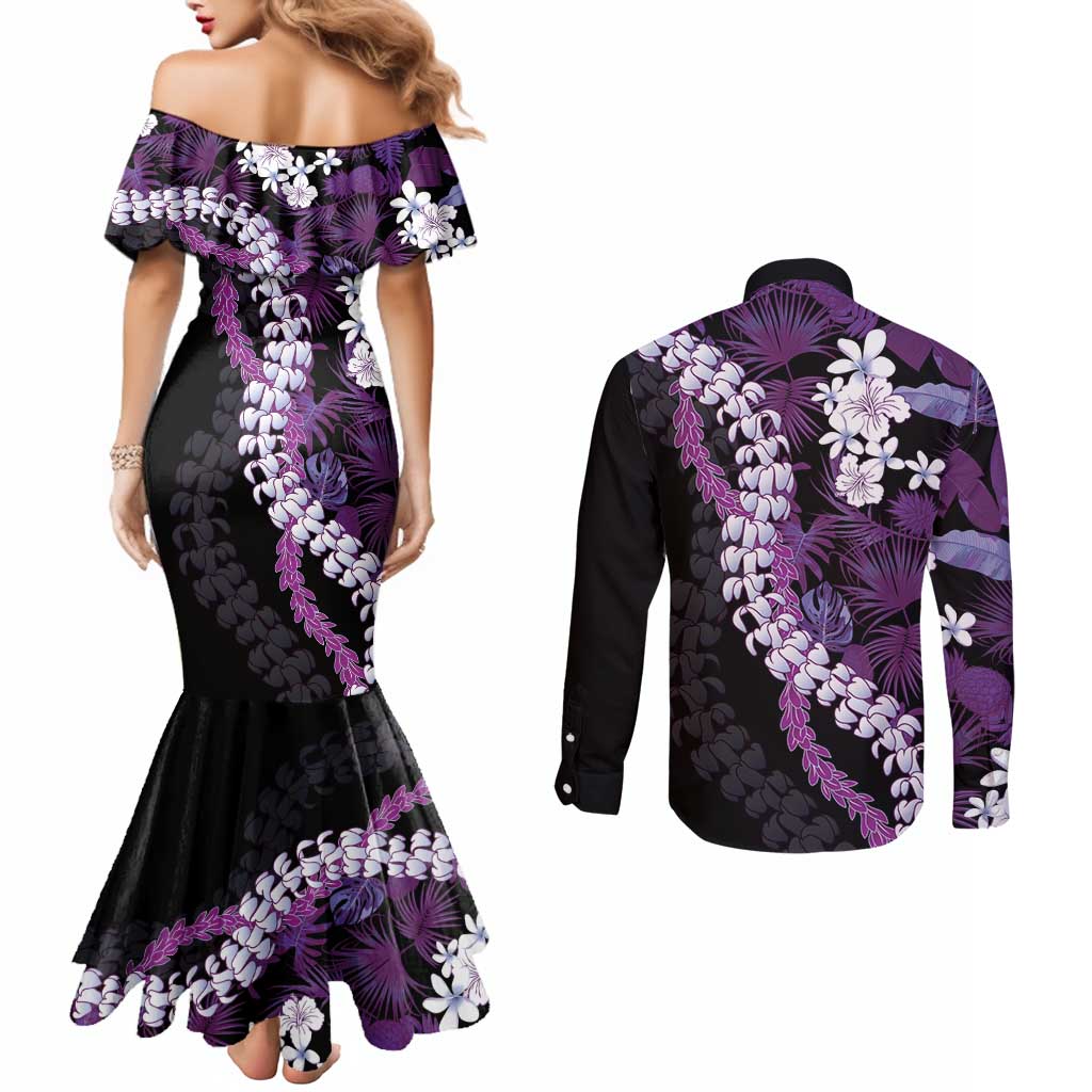 Poni Aloha Hawaii Lei Couples Matching Mermaid Dress and Long Sleeve Button Shirt Tropical Flowers Elegant Vibe - Polynesian Pride