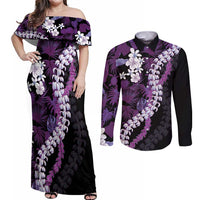 Poni Aloha Hawaii Lei Couples Matching Off Shoulder Maxi Dress and Long Sleeve Button Shirt Tropical Flowers Elegant Vibe - Polynesian Pride