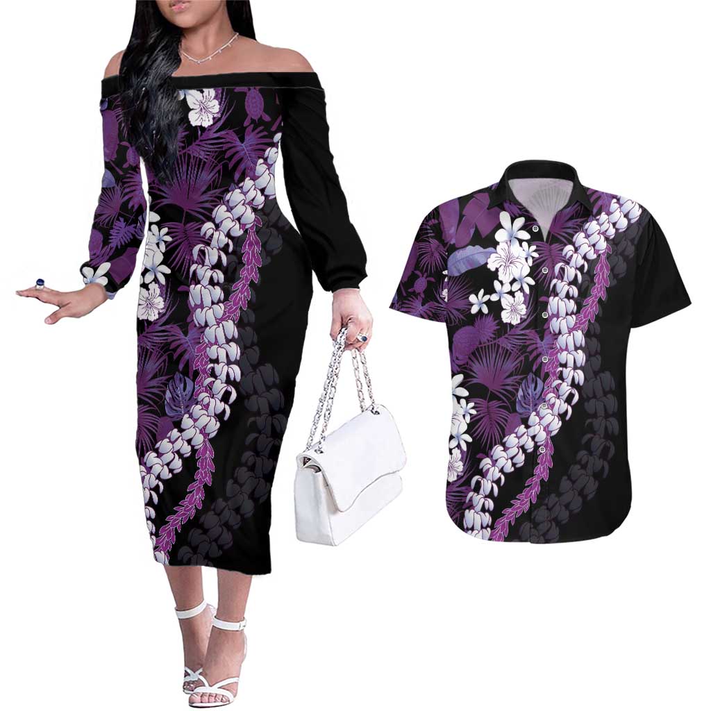 Poni Aloha Hawaii Lei Couples Matching Off The Shoulder Long Sleeve Dress and Hawaiian Shirt Tropical Flowers Elegant Vibe - Polynesian Pride