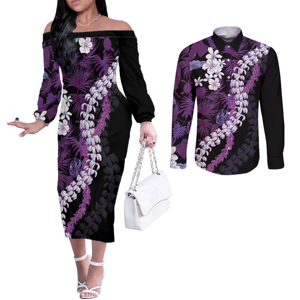 Poni Aloha Hawaii Lei Couples Matching Off The Shoulder Long Sleeve Dress and Long Sleeve Button Shirt Tropical Flowers Elegant Vibe - Polynesian Pride