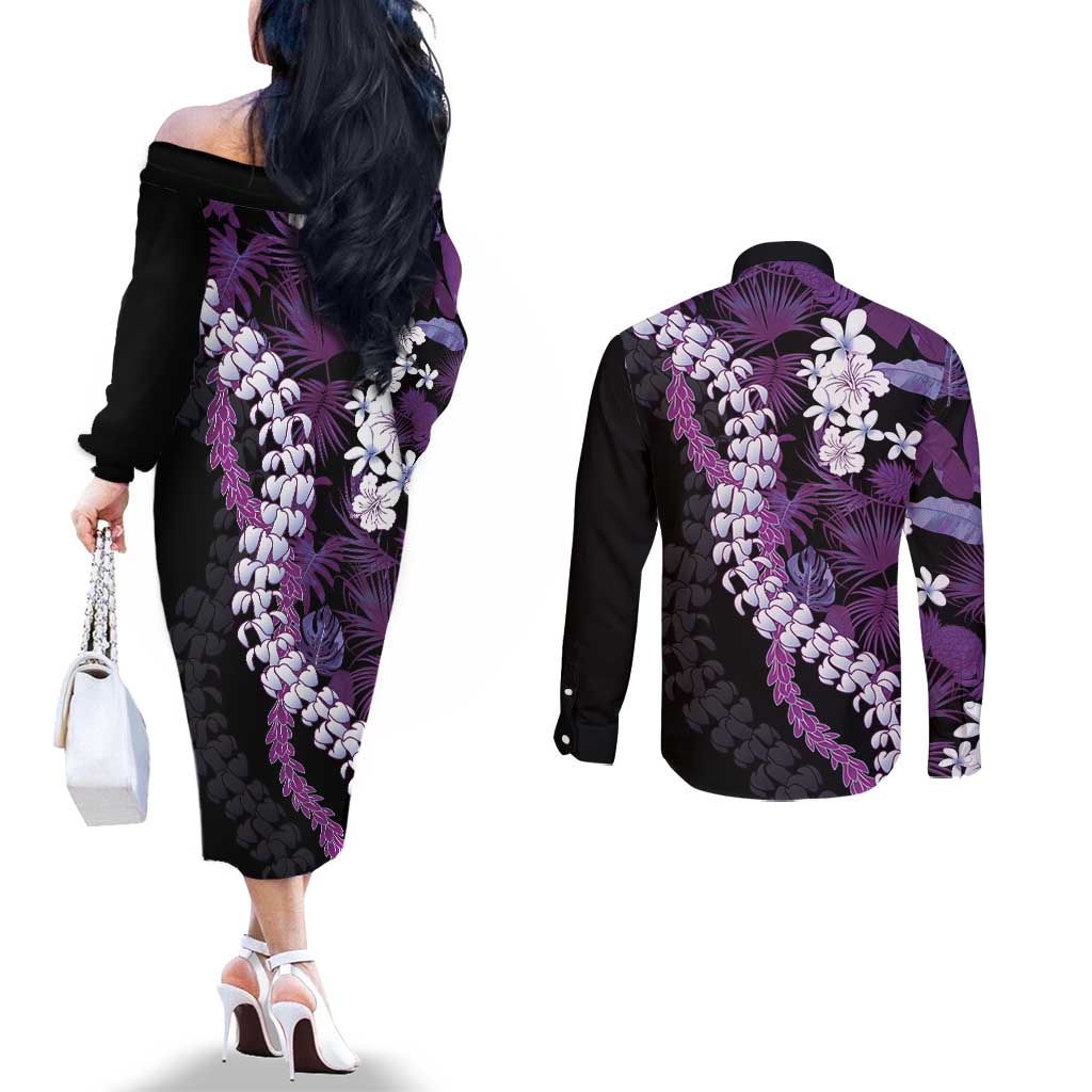 Poni Aloha Hawaii Lei Couples Matching Off The Shoulder Long Sleeve Dress and Long Sleeve Button Shirt Tropical Flowers Elegant Vibe - Polynesian Pride