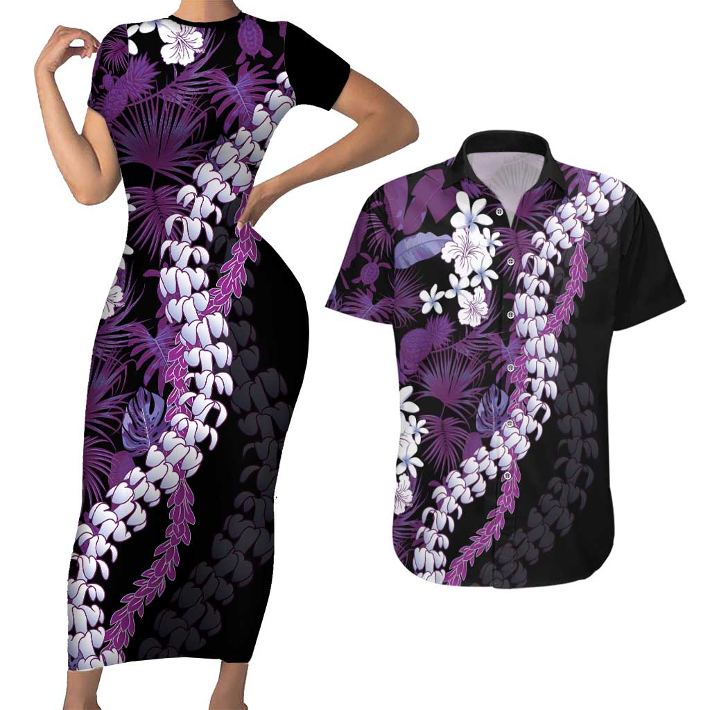 Poni Aloha Hawaii Lei Couples Matching Short Sleeve Bodycon Dress and Hawaiian Shirt Tropical Flowers Elegant Vibe LT14 Purple - Polynesian Pride
