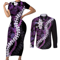 Poni Aloha Hawaii Lei Couples Matching Short Sleeve Bodycon Dress and Long Sleeve Button Shirt Tropical Flowers Elegant Vibe - Polynesian Pride