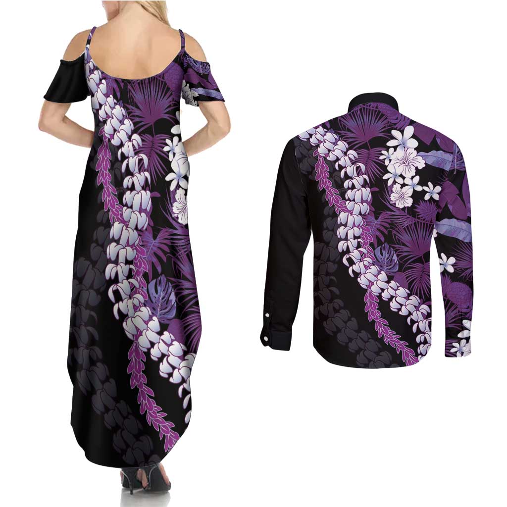 Poni Aloha Hawaii Lei Couples Matching Summer Maxi Dress and Long Sleeve Button Shirt Tropical Flowers Elegant Vibe - Polynesian Pride
