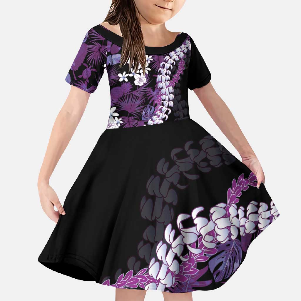 Poni Aloha Hawaii Lei Family Matching Long Sleeve Bodycon Dress and Hawaiian Shirt Tropical Flowers Elegant Vibe LT14 Daughter's Dress Purple - Polynesian Pride