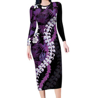 Poni Aloha Hawaii Lei Family Matching Long Sleeve Bodycon Dress and Hawaiian Shirt Tropical Flowers Elegant Vibe LT14 Mom's Dress Purple - Polynesian Pride