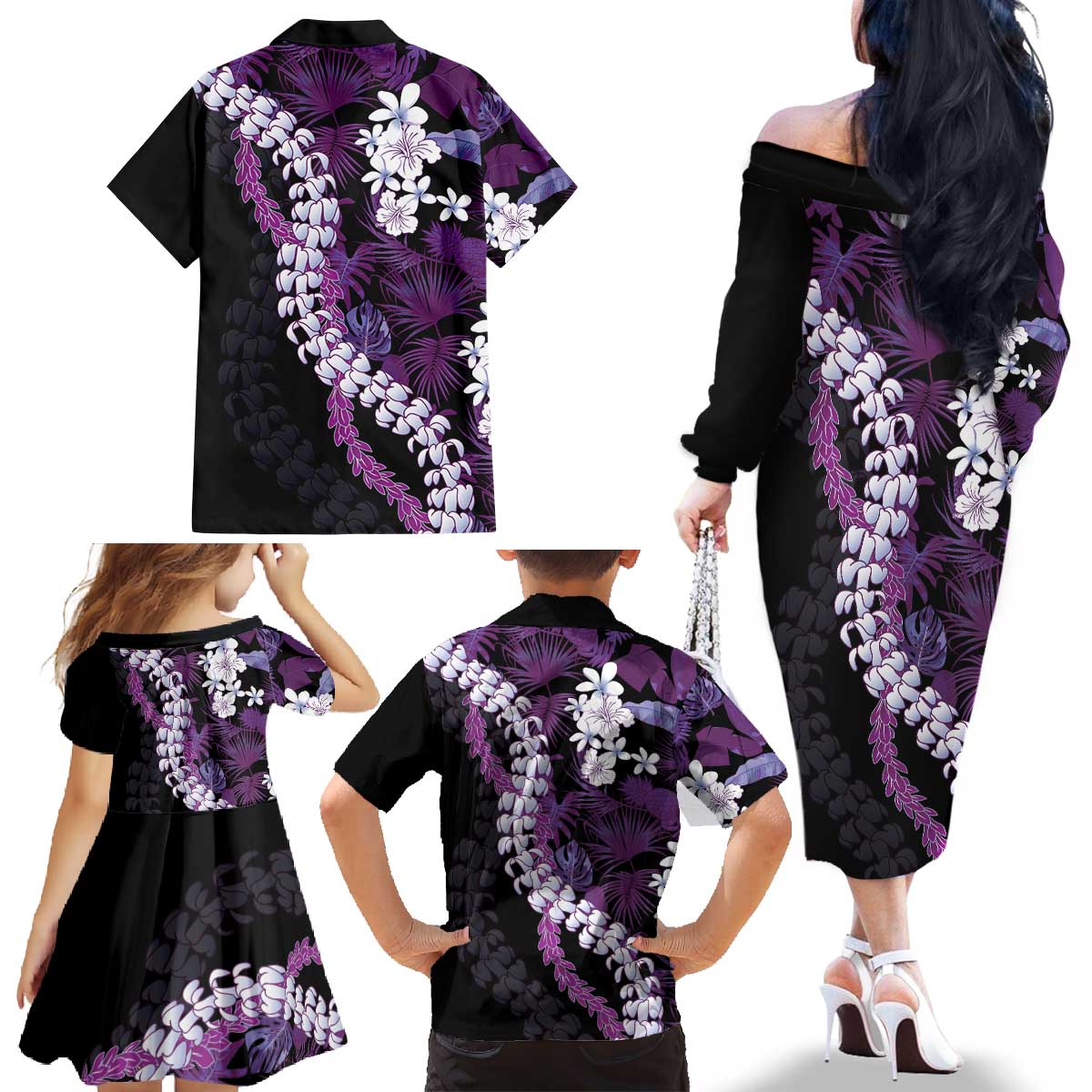 Poni Aloha Hawaii Lei Family Matching Off The Shoulder Long Sleeve Dress and Hawaiian Shirt Tropical Flowers Elegant Vibe LT14 - Polynesian Pride