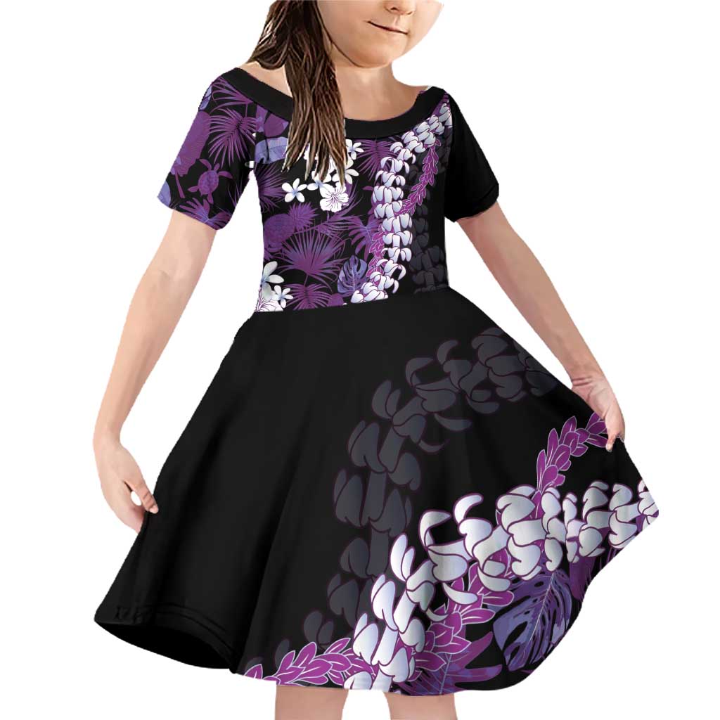 Poni Aloha Hawaii Lei Family Matching Off Shoulder Short Dress and Hawaiian Shirt Tropical Flowers Elegant Vibe LT14 Daughter's Dress Purple - Polynesian Pride