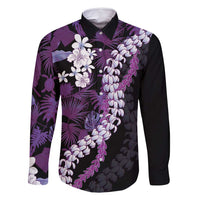 Poni Aloha Hawaii Lei Family Matching Off Shoulder Short Dress and Hawaiian Shirt Tropical Flowers Elegant Vibe LT14 Dad's Shirt - Long Sleeve Purple - Polynesian Pride
