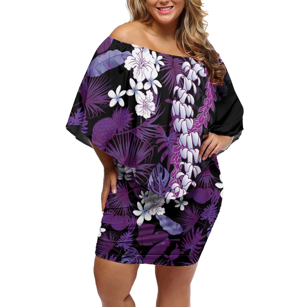 Poni Aloha Hawaii Lei Family Matching Off Shoulder Short Dress and Hawaiian Shirt Tropical Flowers Elegant Vibe LT14 Mom's Dress Purple - Polynesian Pride