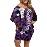 Poni Aloha Hawaii Lei Family Matching Off Shoulder Short Dress and Hawaiian Shirt Tropical Flowers Elegant Vibe LT14 Mom's Dress Purple - Polynesian Pride