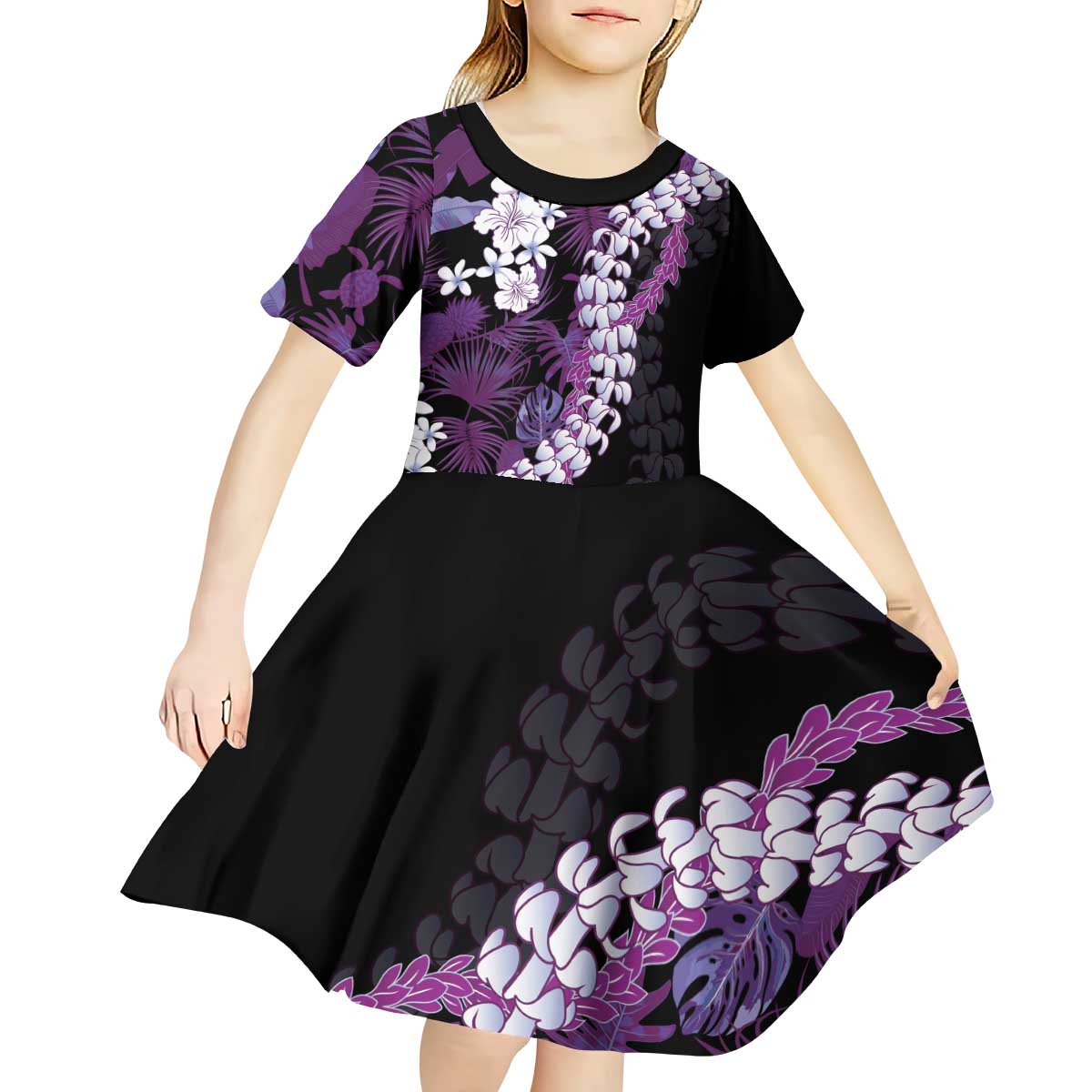 Poni Aloha Hawaii Lei Kid Short Sleeve Dress Tropical Flowers Elegant Vibe - Polynesian Pride