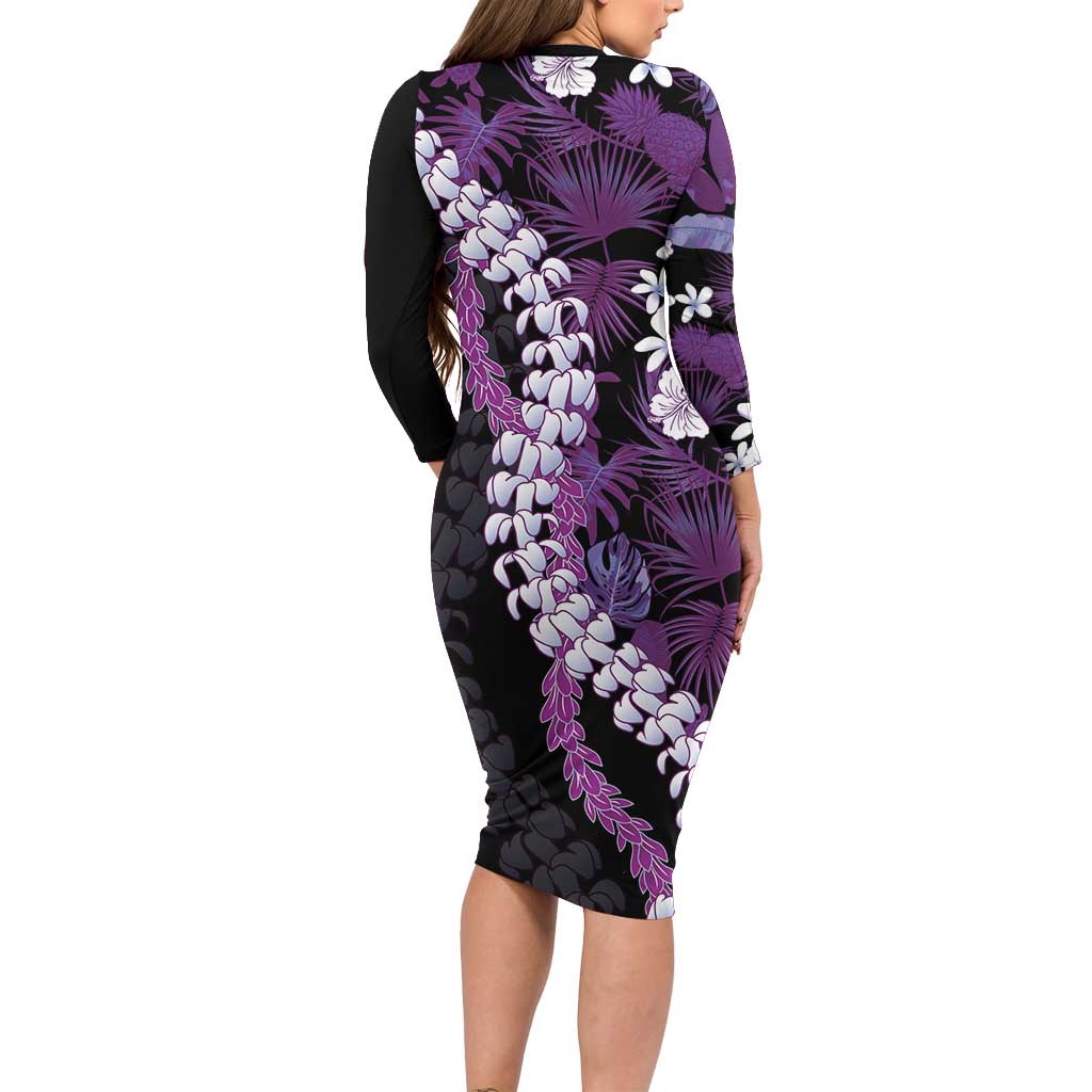 Poni Aloha Hawaii Lei Long Sleeve Bodycon Dress Tropical Flowers Elegant Vibe - Polynesian Pride