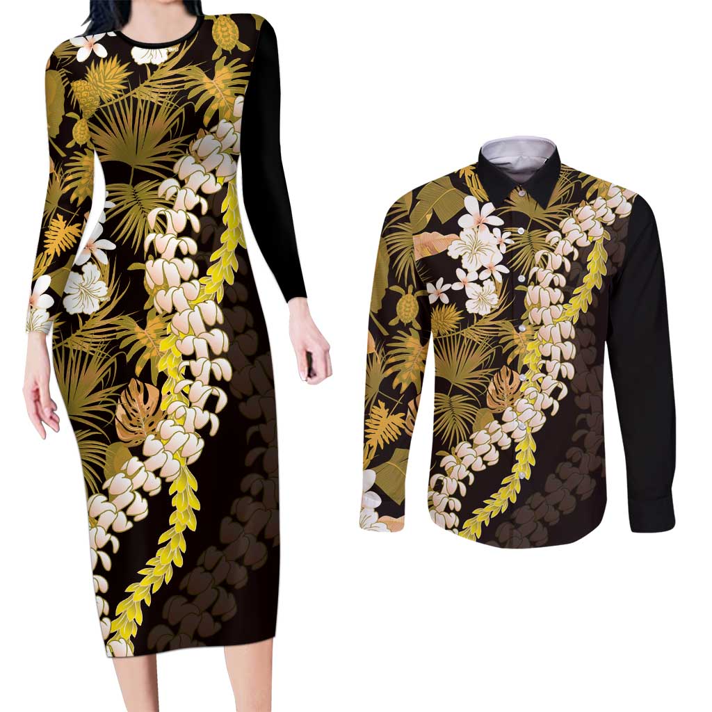 Kula Aloha Hawaii Lei Couples Matching Long Sleeve Bodycon Dress and Long Sleeve Button Shirt Tropical Flowers Elegant Vibe LT14 Gold - Polynesian Pride