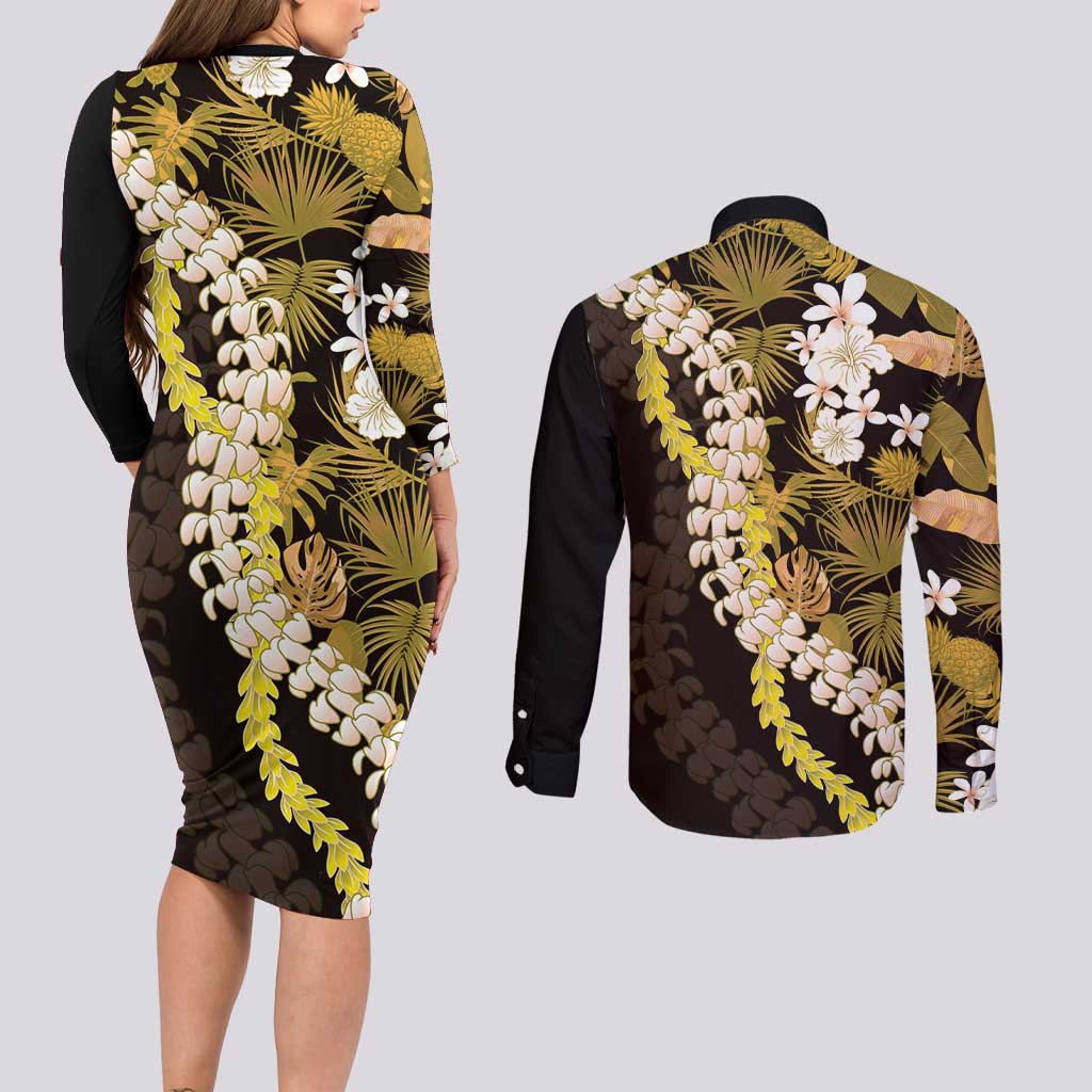 Kula Aloha Hawaii Lei Couples Matching Long Sleeve Bodycon Dress and Long Sleeve Button Shirt Tropical Flowers Elegant Vibe LT14 - Polynesian Pride
