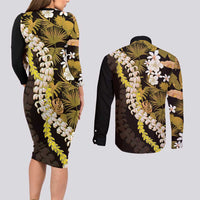 Kula Aloha Hawaii Lei Couples Matching Long Sleeve Bodycon Dress and Long Sleeve Button Shirt Tropical Flowers Elegant Vibe LT14 - Polynesian Pride