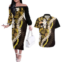 Kula Aloha Hawaii Lei Couples Matching Off The Shoulder Long Sleeve Dress and Hawaiian Shirt Tropical Flowers Elegant Vibe LT14 Gold - Polynesian Pride