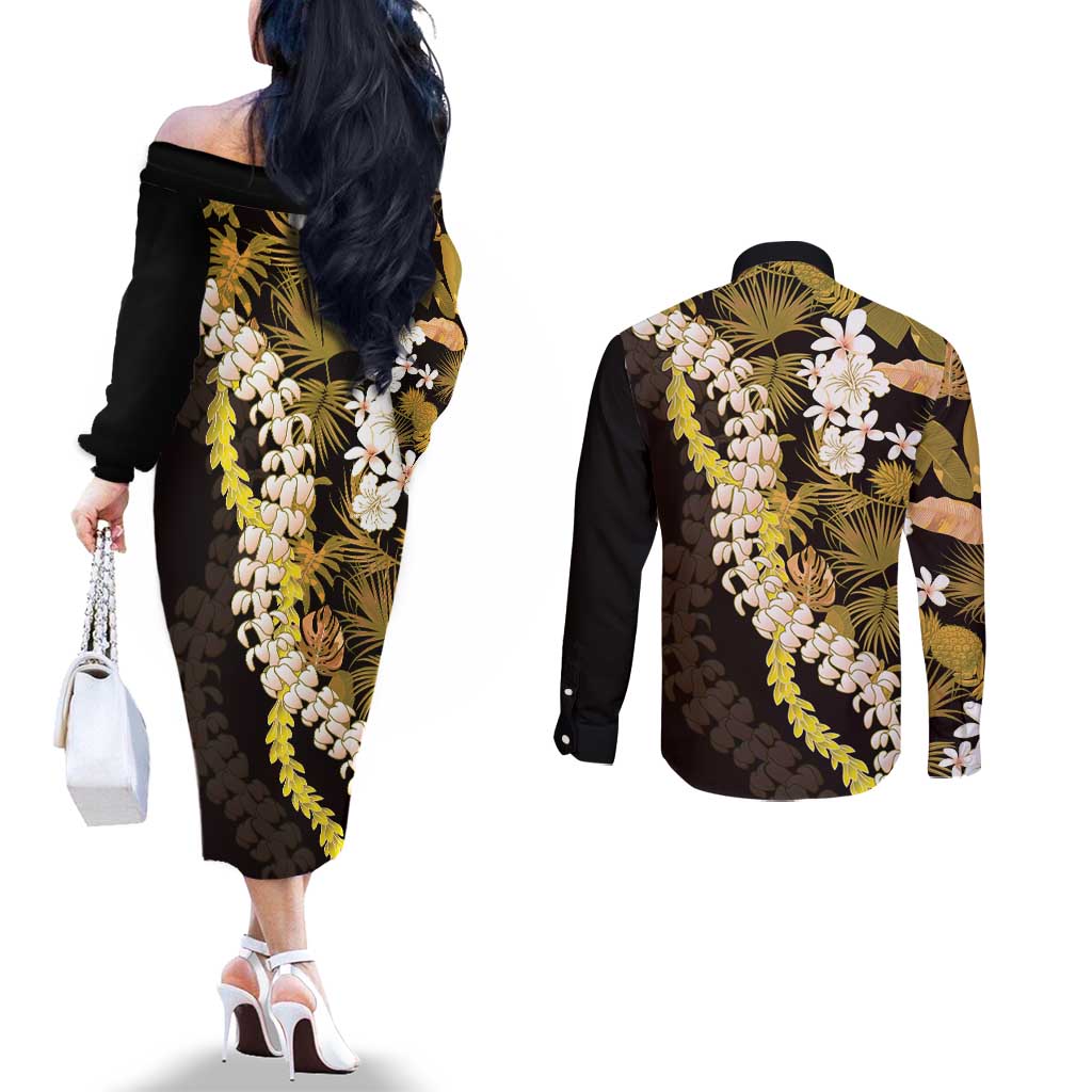 Kula Aloha Hawaii Lei Couples Matching Off The Shoulder Long Sleeve Dress and Long Sleeve Button Shirt Tropical Flowers Elegant Vibe - Polynesian Pride