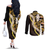 Kula Aloha Hawaii Lei Couples Matching Off The Shoulder Long Sleeve Dress and Long Sleeve Button Shirt Tropical Flowers Elegant Vibe - Polynesian Pride