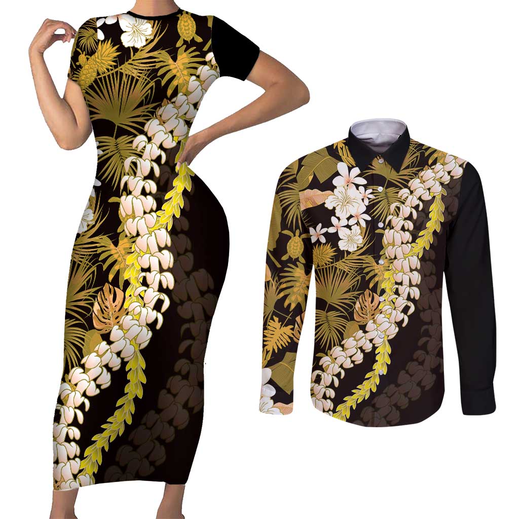 Kula Aloha Hawaii Lei Couples Matching Short Sleeve Bodycon Dress and Long Sleeve Button Shirt Tropical Flowers Elegant Vibe LT14 Gold - Polynesian Pride