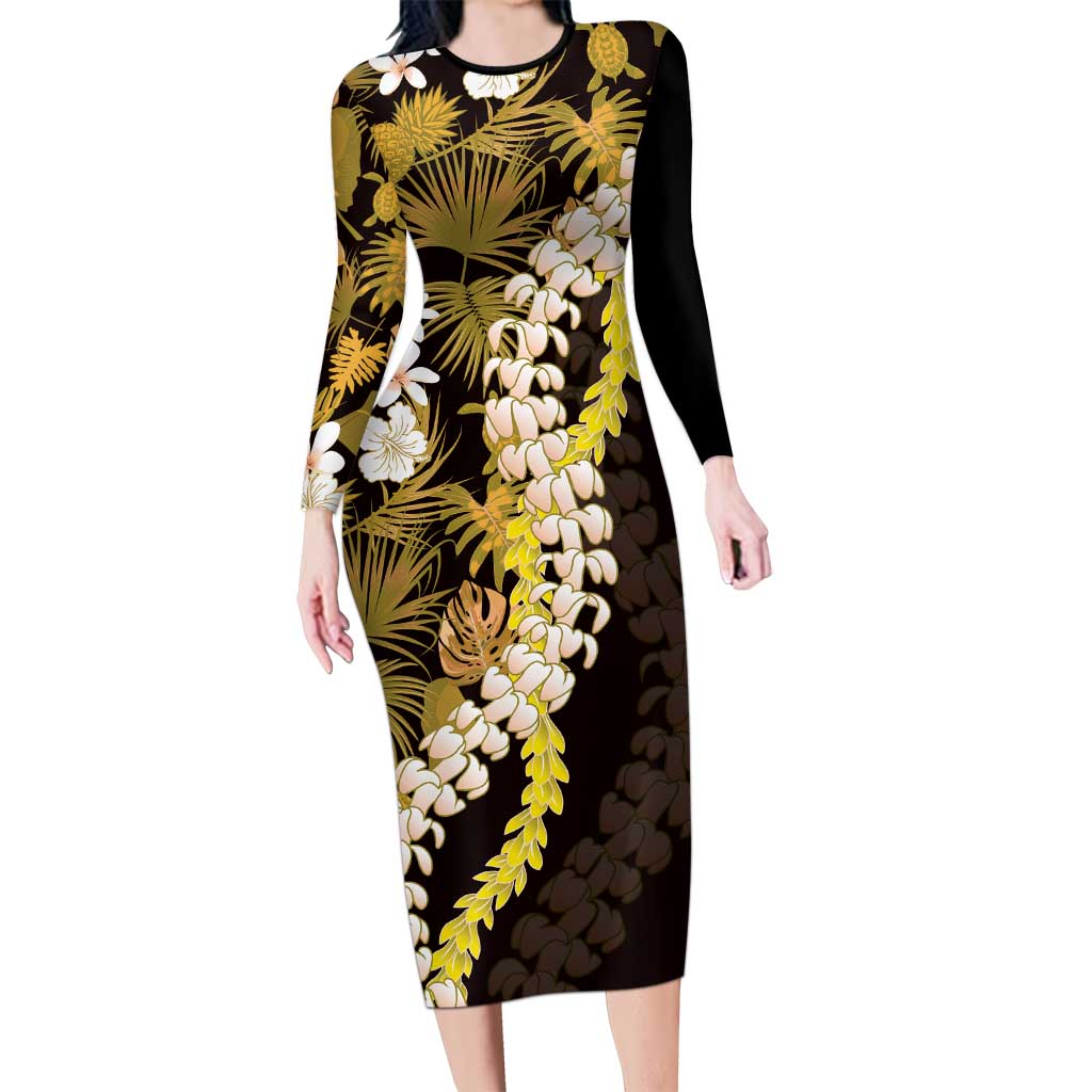 Kula Aloha Hawaii Lei Family Matching Long Sleeve Bodycon Dress and Hawaiian Shirt Tropical Flowers Elegant Vibe LT14 Mom's Dress Gold - Polynesian Pride
