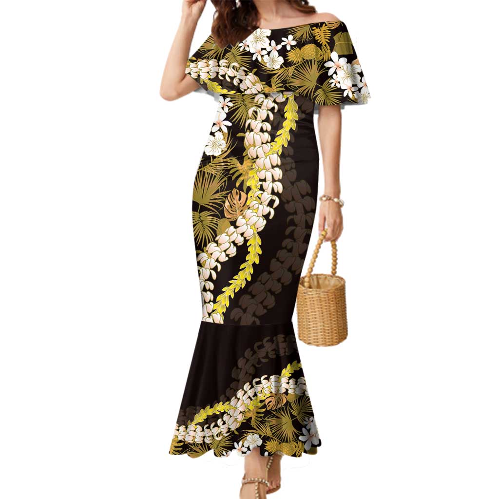 Kula Aloha Hawaii Lei Family Matching Mermaid Dress and Hawaiian Shirt Tropical Flowers Elegant Vibe LT14 Mom's Dress Gold - Polynesian Pride