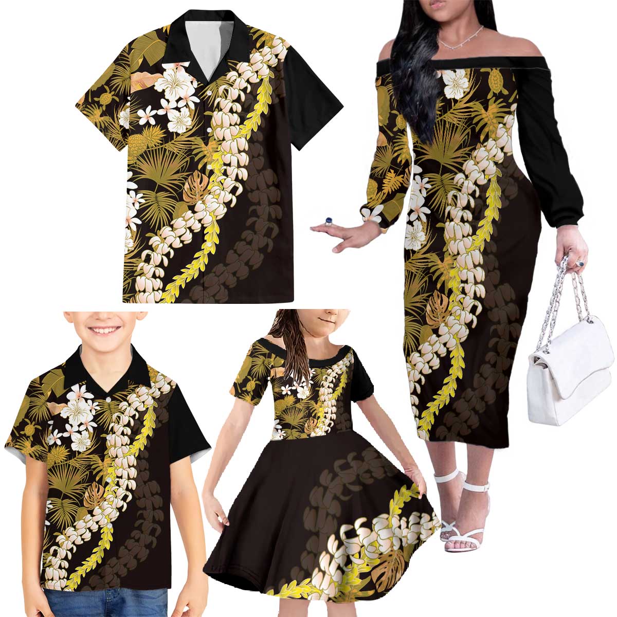 Kula Aloha Hawaii Lei Family Matching Off The Shoulder Long Sleeve Dress and Hawaiian Shirt Tropical Flowers Elegant Vibe LT14 - Polynesian Pride