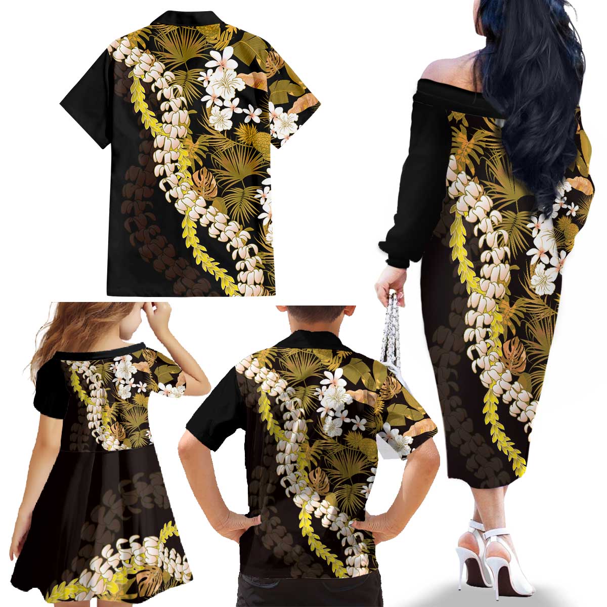 Kula Aloha Hawaii Lei Family Matching Off The Shoulder Long Sleeve Dress and Hawaiian Shirt Tropical Flowers Elegant Vibe LT14 - Polynesian Pride