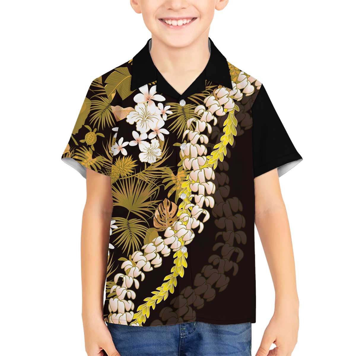 Kula Aloha Hawaii Lei Family Matching Off The Shoulder Long Sleeve Dress and Hawaiian Shirt Tropical Flowers Elegant Vibe LT14 Son's Shirt Gold - Polynesian Pride