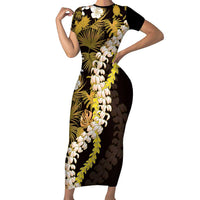 Kula Aloha Hawaii Lei Family Matching Short Sleeve Bodycon Dress and Hawaiian Shirt Tropical Flowers Elegant Vibe LT14 Mom's Dress Gold - Polynesian Pride