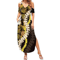 Kula Aloha Hawaii Lei Family Matching Summer Maxi Dress and Hawaiian Shirt Tropical Flowers Elegant Vibe LT14 Mom's Dress Gold - Polynesian Pride