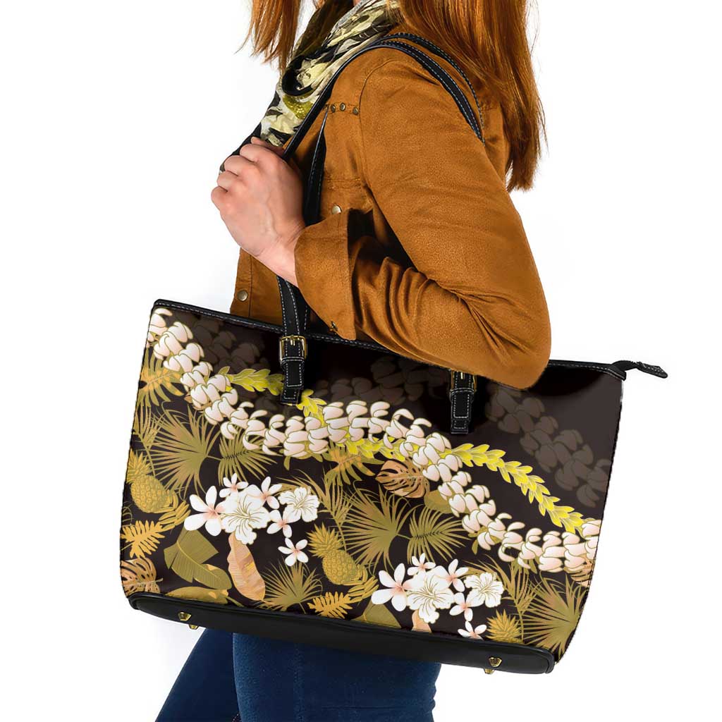 Kula Aloha Hawaii Lei Leather Tote Bag Tropical Flowers Elegant Vibe LT14 Gold - Polynesian Pride