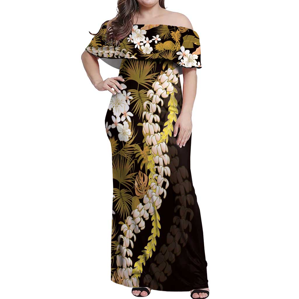 Kula Aloha Hawaii Lei Off Shoulder Maxi Dress Tropical Flowers Elegant Vibe LT14 Women Gold - Polynesian Pride