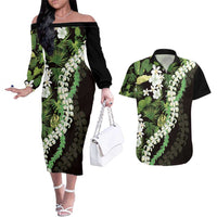 Omaomao Aloha Hawaii Lei Couples Matching Off The Shoulder Long Sleeve Dress and Hawaiian Shirt Tropical Flowers Elegant Vibe LT14 Green - Polynesian Pride