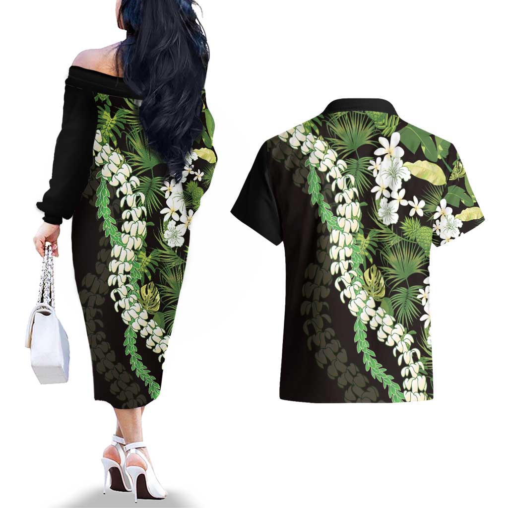 Omaomao Aloha Hawaii Lei Couples Matching Off The Shoulder Long Sleeve Dress and Hawaiian Shirt Tropical Flowers Elegant Vibe LT14 - Polynesian Pride
