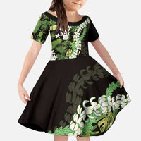 Omaomao Aloha Hawaii Lei Family Matching Off The Shoulder Long Sleeve Dress and Hawaiian Shirt Tropical Flowers Elegant Vibe LT14 Daughter's Dress Green - Polynesian Pride