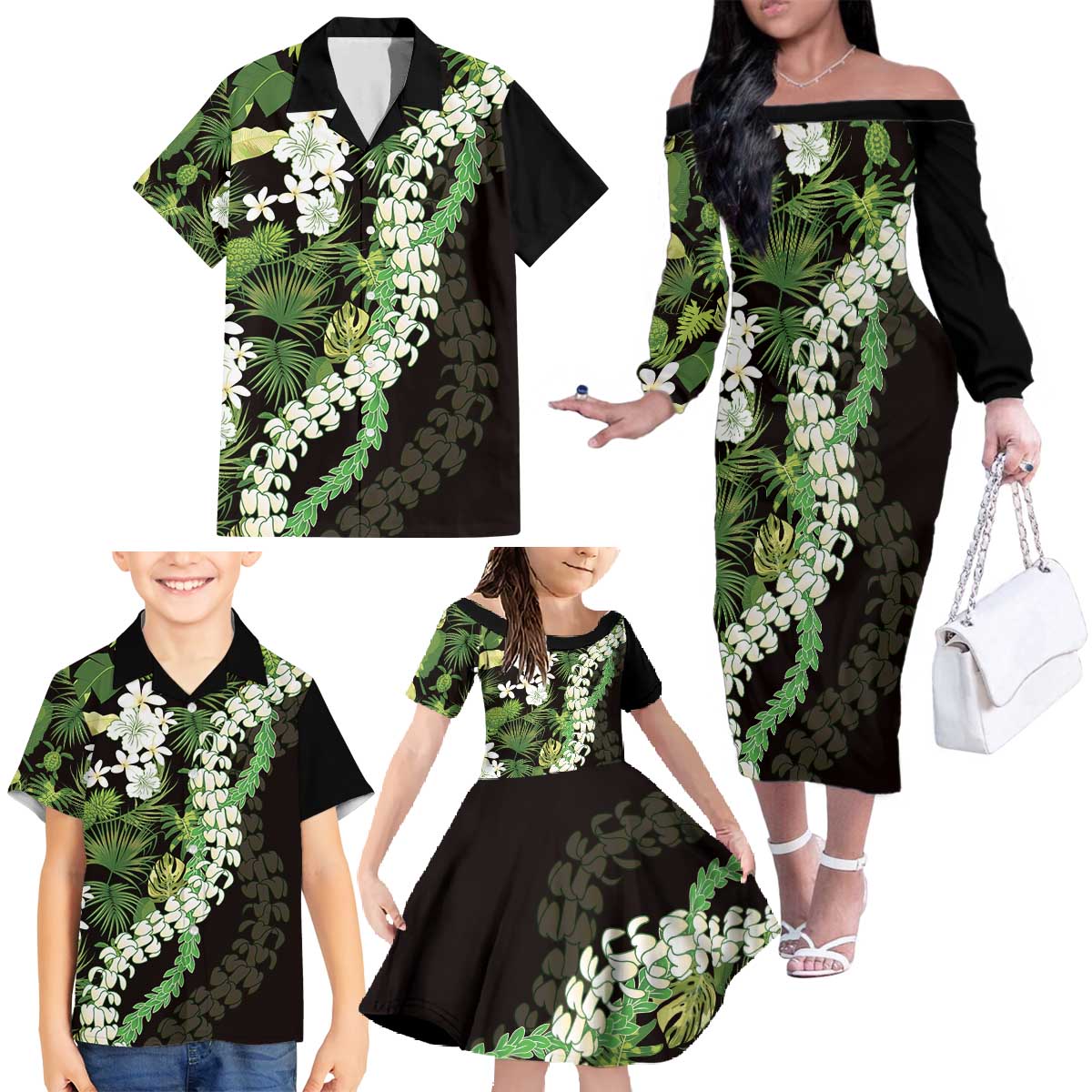 Omaomao Aloha Hawaii Lei Family Matching Off The Shoulder Long Sleeve Dress and Hawaiian Shirt Tropical Flowers Elegant Vibe LT14 - Polynesian Pride