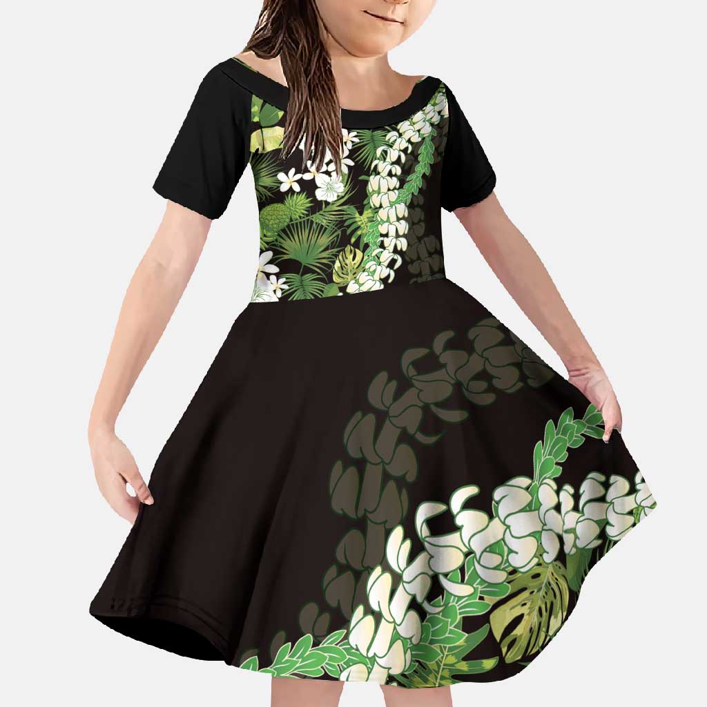 Omaomao Aloha Hawaii Lei Family Matching Off Shoulder Maxi Dress and Hawaiian Shirt Tropical Flowers Elegant Vibe LT14 Daughter's Dress Green - Polynesian Pride