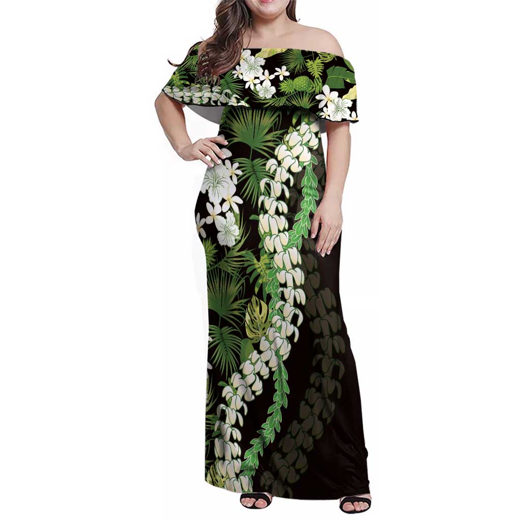 Omaomao Aloha Hawaii Lei Family Matching Off Shoulder Maxi Dress and Hawaiian Shirt Tropical Flowers Elegant Vibe LT14 Mom's Dress Green - Polynesian Pride
